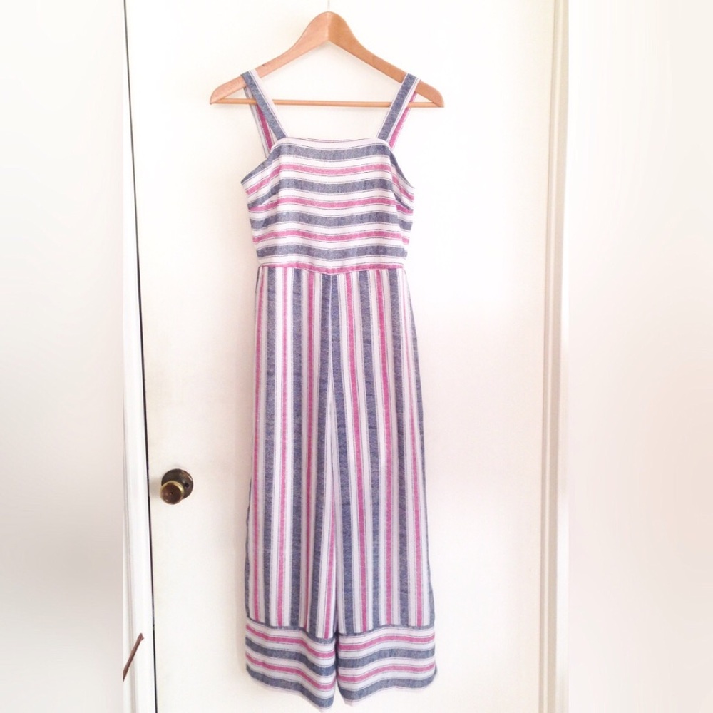 White Red Blue Striped Cropped Jumpsuit